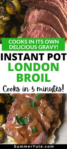 the instant pot london broccoli is served on top of mashed potatoes and topped with gravy