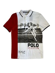 Polo Ralph Lauren Stadium 1992 Vintage Javelin Shirt SIZE SMALL (MSRP $168). Condition is New with Tags. Shipped with USPS Priority Mail. USA ONLY. NO RETURNS. Graphic Print Polo Collar Shirt For Streetwear, Sporty Collared Tops With Graphic Print, Graphic Polo Collar T-shirt For Sports Events, Collared T-shirt With Graphic Print For Sports Events, Sports Polo Collar Tops With Graphic Print, Red Polo Shirt With Graphic Print, Sporty Fitted Polo Shirt With Graphic Print, Fitted Sporty Polo Shirt With Graphic Print, Red Collared Polo Shirt With Graphic Print