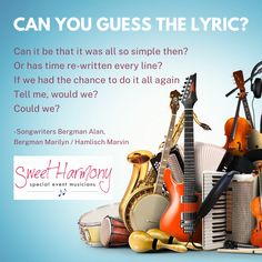 an advertisement for a musical instrument store with music instruments on the shelf and text can you guess the lyric?