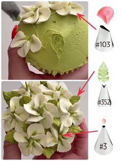 two pictures showing how to decorate a green cake with white flowers and leaves on top