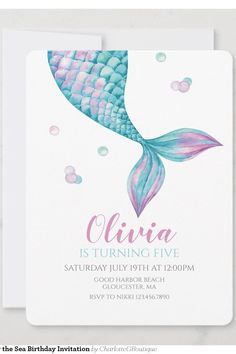 a birthday party card with a mermaid tail and bubbles on the bottom, in pink and blue