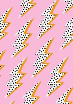 a pink background with black and white polka dots and lightning bolt shapes on the bottom