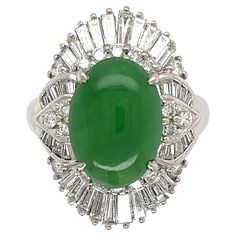 Simply Beautiful! Finely detailed Jadeite Jade and Diamond Ballerina Cocktail Ring. Centering a securely set awesome 4.72 Carat Cabochon Jadeite Jade, surrounded by Diamonds, weighing approx. 1.47tcw. Hand crafted Platinum mounting. Approx. dimensions: 1.05" l x 0.80” w x 0.92" h. Ideal worn alone or as an alternative Engagement ring. Ring size 5, we offer ring resizing. More Beautiful in real time...Illuminating your look with Timeless Beauty! Platinum Diamond Rings, Alternative Engagement Rings, Platinum Ring, Simply Beautiful, Cocktail Rings, Ring Verlobung, Timeless Beauty, Jade, Platinum