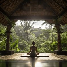 a woman is sitting in the middle of a yoga room with trees and greenery behind her