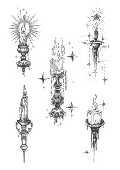 an ink drawing of candles and chandeliers with stars around the candle holders on each side