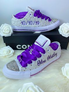 Bling Sneakers For Wedding, Wedding Chucks Converse, Qunice Shoes, Silver Lace-up Sneakers For Wedding, Customizable Low-top Wedding Shoes, Silver Lace-up Wedding Shoes, Converse Bedazzled, Wedding Converse Bride, Birthday Party Sweet 16