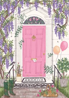 a painting of a pink door with purple flowers and balloons in front of the entrance