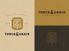 the logo for torch & grain woodwork is shown in three different colors and styles