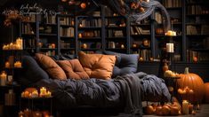 a living room filled with lots of pumpkins and candles