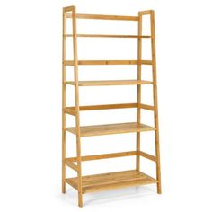 a wooden shelf with three shelves on each side