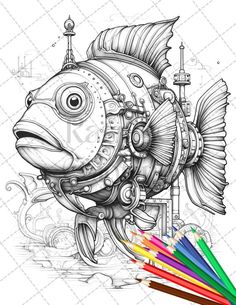 a drawing of a fish with colored pencils in front of it and an image of a