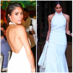 two pictures of the same woman in white dresses, one is wearing a halter neck dress