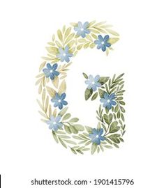 the letter g is made up of blue flowers and green leaves on a white background