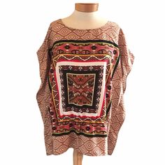 Fat Sleeve Crewneck 100% Polyester Light Weight Great For Summer Tops Beach Printed Brown Blouse, Beach Blouse With Brown Print, One Size Brown Tops For Beach, One Size Multicolor Summer Tops, Multicolor One Size Summer Tops, Brown Boho Print Top For Beach, Beach Brown Top With Boho Print, Summer Tops, Short Sleeve Top