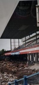 an empty baseball stadium is shown in this composite image, with the dirt and debris on the ground