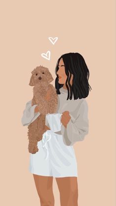 a woman holding a dog in her arms with hearts coming out of the back ground