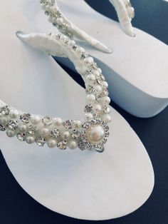 Beaded Bridal Shoe/White Rhinestone Wedged Bridal Shoe/Shoes for Beach Wedding/ Bridal Flip Flops. Wedding Shoes with Pearls. Custom Shoes. Bling Wedding Shoes, Bridal Shoes Wedges, Bridal Flip Flops, Wedding Wedges, Rhinestone Wedding Shoes, White Bridal Shoes, Wedding Flip Flops, Beach Wedding Shoes, Heeled Flip Flops