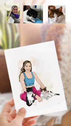 Photo of a Greeting card wit a portrait of a girl with her 2 cats, hand draw from Photos Custom Portrait Illustration, Printable Greeting Cards, Custom Portrait, Custom Watercolor, Portrait Illustration, Greeting Card Design, Custom Portraits, Digital Printables, Save The Date