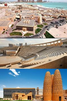 two pictures with different views of buildings and water in the middle one has a large body of water