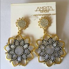 Amrita Singh Sylvia Drop Earrings, so gorgeous! LIST PRICE: $60  Description: Gold-tone brass drop earrings with Austrian crystal details  Post back closure Measurements: 1.75" long, 1.75" wide,   Top small circle diameter is about 0.6",   The whole earring drop length is a little over 2"  A pretty big statement earring!  Material: Gold-tone brass and Austrian crystals  Brand: Amrita Singh Amrita Singh Jewelry Earrings Flower Shaped Metal Earrings For Party, Nickel-free Flower-shaped Jewelry For Parties, Party Flower Shaped Metal Earrings, Glamorous Flower Shaped Party Earrings, Pierced Metal Flower Earrings For Party, Nickel-free Flower-shaped Party Earrings, Party Jewelry With Flower Design, Silver Flower Drop Earrings For Party, Nickel Free Flower Earrings For Party