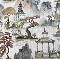 "Tranquility East Asian Toile On Fine 100% Cotton This material is perfect for furniture upholstery, drapery and pillows. This fabric has a 27\" horizontal repeat and a 27\" vertical repeat. This fabric passes CA TB 117-2013 (fire retardancy). This fabric measures 54 inches wide and is priced at $40 per yard. All fabric comes in continuous yardage unless otherwise requested. The shipping rate within the United States listed is for one yard. Shipping method will vary for two or more yards. Shippi Chinoiserie Fabric Upholstery, Pagoda Fabric, Chinoiserie Fabric, Asian Fabric, Remote Control Holder, Wide Windows, Custom Drapes, Drapery Rods, Curtain Valance