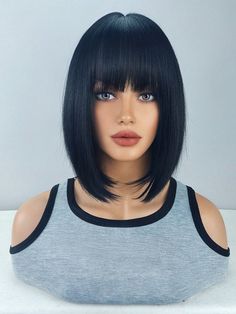 Black  Collar  Synthetic Fiber  Bangs Wig Embellished   Wigs & Accs Bob Hair With Bangs, Straight Black Bob, Black Short Bob, Black Hair Bob, Black Bob Wig, Velma Costume, Bob Bangs, Bob With Fringe