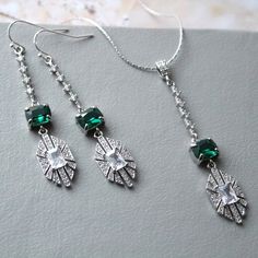 JOHANNA // Silver Emerald Art Deco Earrings, Bridal Earrings, Bridal Jewelry Set ,wedding Earrings, 1920s Necklace and Earrings Great Gatsby - Etsy UK Emerald Art Deco, Emerald Art, Period Jewelry, Special Earrings, Crystals Green