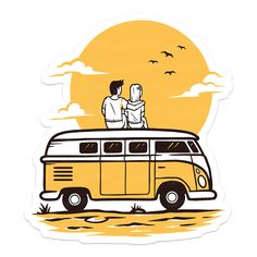 two people sitting on top of a van in front of an orange sky with the sun behind them