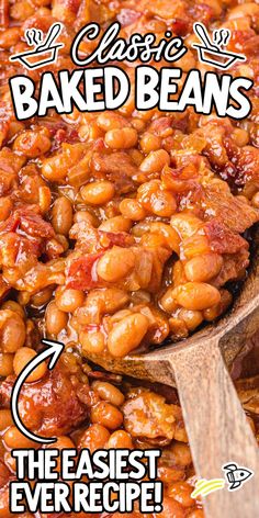 baked beans with real bacon in a wooden spoon