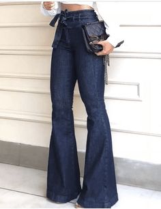 F00079637-106 Vestiti In Jeans, Wide Leg Pants Jeans, High Waist Wide Leg Jeans, Patch Jeans, Moda Jeans, Bell Bottom Pants, Dark Blue Jeans, Type Of Pants, Bell Bottom