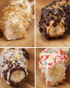 four different types of doughnuts with sprinkles and chocolate on them