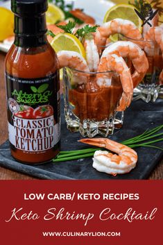 low carb ketchup cocktail with shrimp on the side and limes around it