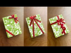 three different views of a present wrapped in green and white paper with red ribbon on it