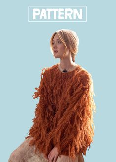 a woman in an orange fuzzy coat is sitting on a horse with the words pattern above her head