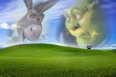 an animated image of a donkey and a man in the middle of a green field