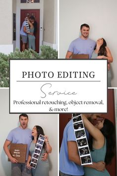 a man and woman standing next to each other in front of a house with the caption photo editing service professional retounding object removal & more