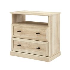 two drawers with one drawer open and the other closed on top of each drawer, both in light wood