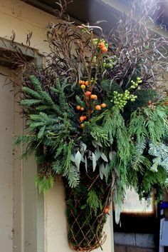 a planter hanging from the side of a building filled with greenery and berries