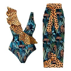 Conjunto De Saia De Praia Com Estampa Feminina Moderna, Roup Casual Swimwear, Moda Kimono, Bathing Suit Designs, Leopard Print Swimsuit, Mode Kimono, Long Beach Dress, Fashion Cover, Beachwear Skirt