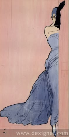 a drawing of a woman in a blue dress leaning against a wall with her back to the camera