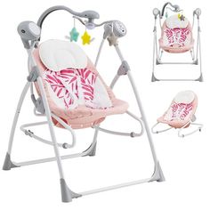 a pink and white baby swing with various accessories