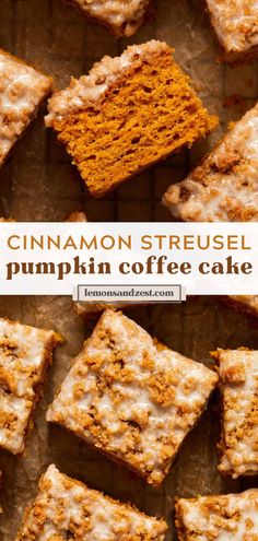 cinnamon streusel pumpkin coffee cake is cut into squares and placed on top of each other