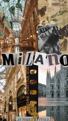 collage of images with buildings and people in them, including the words milla no