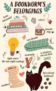 a bookworm's belongings poster with cats, books, and other things