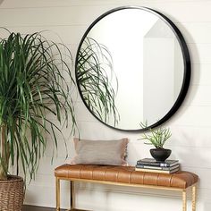 a living room with a couch, mirror and potted plant