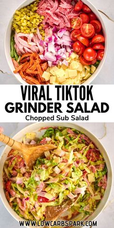 two bowls filled with different types of vegetables and salads, one is in a large bowl