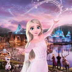 a frozen princess standing in front of a castle with her arms out and hands outstretched