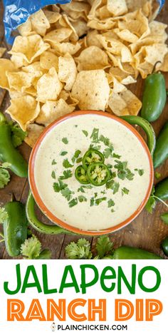 jalapeno ranch dip with green peppers and tortilla chips on the side