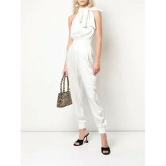 New ! Size S Self: 59% Viscose, 41% Rayon Lining: 100% Poly Dry Clean Only Smocked Detail Mockneck With Button Closure Side Seam Pockets 533 Cinq A Sept Romina Jumpsuit Ivory White Satin Halter Sleeveless S Nwot $445 Elegant Silk Fitted Jumpsuits And Rompers, White Silk Party Bottoms, Silk Jumpsuits And Rompers For Summer Evenings, Fitted Silk Jumpsuits And Rompers For Summer, Elegant White Silk Pants, Luxury White Party Bottoms, Elegant White Silk Bottoms, Silk Jumpsuits And Rompers For Summer, Chic Silk Jumpsuits And Rompers