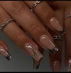 Silver Themed Nails, Silver Bday Nails, Nye Nails Square, Gel Tips Nails Ideas, Medical Nails, Short Marble Nails, Acrylic Nails With Gems, Christian Nails, Square Nails Ideas